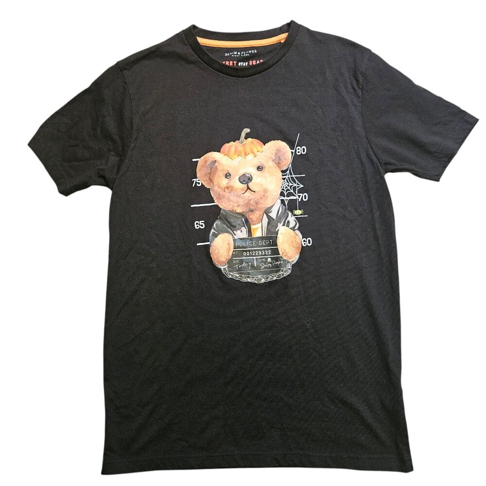 Denim & Flower By Ricky Singh Halloween Tshirt SZ Small Black Pumpkin Bear Trick